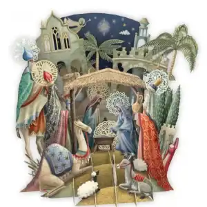 Ilustración de un belén con María, José, el niño Jesús, tres reyes magos, animales y palmeras, sobre un fondo de edificios antiguos y un cielo nocturno estrellado.