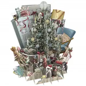 Una festiva escena emergente con un árbol de Navidad decorado, regalos envueltos y varios gatos con accesorios navideños en una habitación.