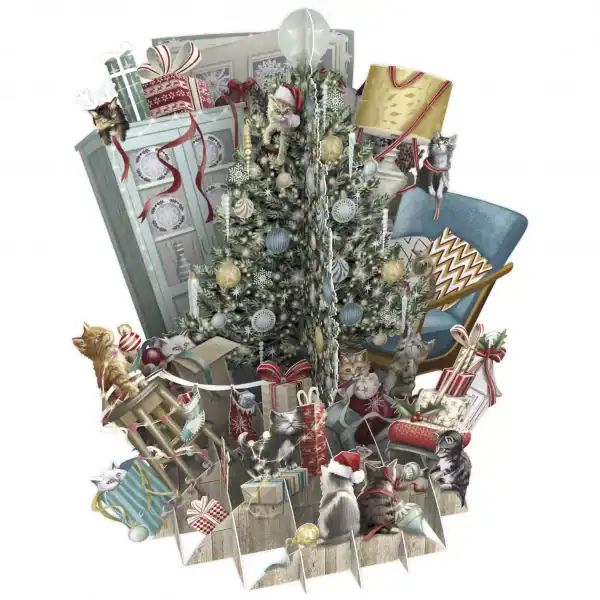 Una festiva escena emergente con un árbol de Navidad decorado, regalos envueltos y varios gatos con accesorios navideños en una habitación.