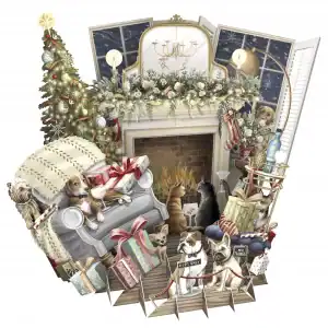 Escena navideña ilustrada con perros, regalos, un árbol decorado y una chimenea; dos perros sentados en un sofá mientras otros se reúnen cerca de una valla con las leyendas "V.I.P. Only" y "No Parking".