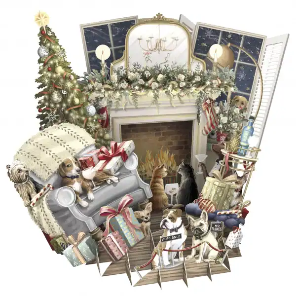 Escena navideña ilustrada con perros, regalos, un árbol decorado y una chimenea; dos perros sentados en un sofá mientras otros se reúnen cerca de una valla con las leyendas "V.I.P. Only" y "No Parking".