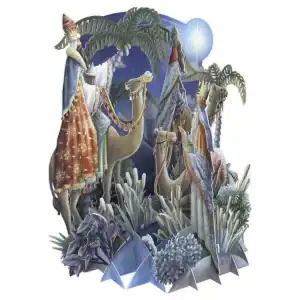 Ilustración de tres reyes magos con túnicas ornamentadas montados en camellos bajo palmeras por la noche, guiados por una estrella brillante en el cielo, con una ciudad lejana al fondo.