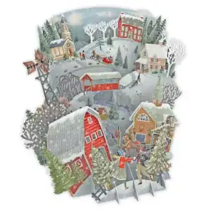 Ilustración de una escena de pueblo nevado con gente patinando sobre hielo, decorando árboles, montando en un trineo tirado por caballos y edificios cubiertos de nieve.