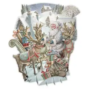 Papá Noel está de pie junto a dos renos y un trineo lleno de regalos en una escena de pueblo nevado con casas y árboles de fondo.