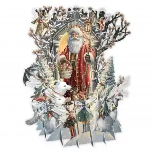 Una ornamentada ilustración pop-up de Papá Noel sosteniendo un bastón y una cesta, rodeado de árboles nevados, animales, hadas y búhos delante de una puerta arqueada.