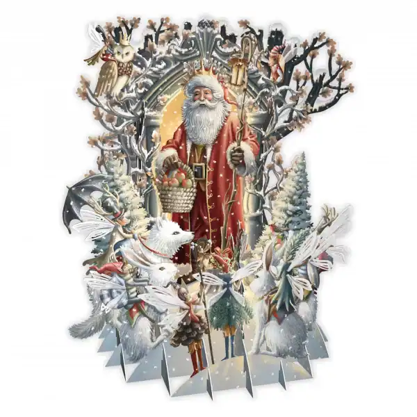 Una ornamentada ilustración pop-up de Papá Noel sosteniendo un bastón y una cesta, rodeado de árboles nevados, animales, hadas y búhos delante de una puerta arqueada.