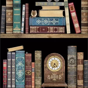 Dos estantes de madera sostienen libros antiguos, un reloj redondo con diseño floral, un par de gafas de lectura y una pequeña figura decorativa de un ratón.