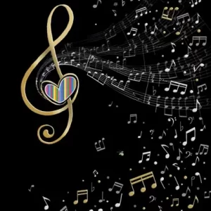 Clave de sol dorada con un corazón a rayas en el centro, rodeado de notas musicales dispersas sobre fondo negro.