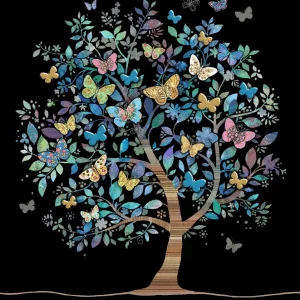 La TARJETA BUGART ÁRBOL DE MARIPOSAS presenta un vibrante árbol con hojas multicolores y mariposas de diversos motivos en sus ramas y en vuelo, todo ello sobre un fondo negro.