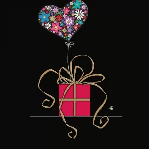 Una caja de regalo roja con un lazo dorado está unida por un cordel a un globo en forma de corazón hecho con flores de colores; una pequeña hormiga verde se sitúa cerca sobre un fondo negro.