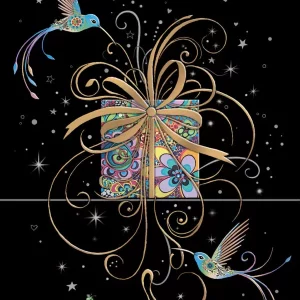 Una caja de regalo decorativa con un gran lazo dorado, intrincados motivos de colores y dos pájaros estilizados, sobre un fondo negro con estrellas y destellos.