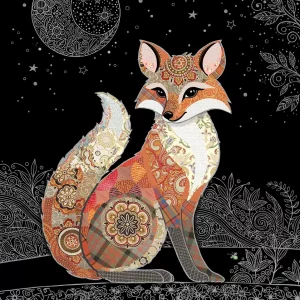 Un zorro ilustrado con un intrincado mandala y motivos de patchwork está sentado en una rama sobre un cielo nocturno estrellado con la luna y follaje decorativo.