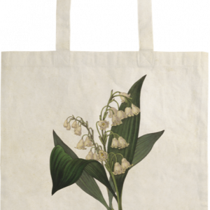 Bolsa de mano de color crema con una ilustración botánica de flores de lirio de los valles y hojas verdes en el centro.