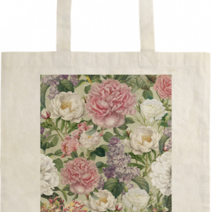 Un bolso de mano beige con un panel rectangular con un detallado diseño floral en tonos rosa, morado y blanco.