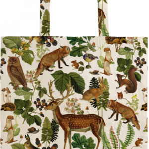 Una bolsa de mano de color crema con ilustraciones de animales del bosque, como un ciervo, un búho, una ardilla y diversas plantas y follaje.