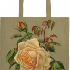 Bolso de mano de color beige con una ilustración de una rosa de color melocotón con hojas verdes y dos capullos.