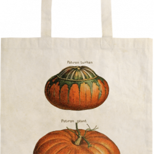 Bolsa de mano beige con ilustraciones de estilo vintage de dos calabazas etiquetadas "Potiron turban" y "Potiron géant".