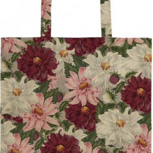 Bolsa de mano con estampado floral de grandes flores granates, rosas y blancas con hojas verdes sobre fondo beige.