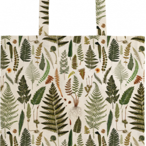 Bolsa de lona con estampado de hojas botánicas y helechos verdes y marrones sobre fondo crema.