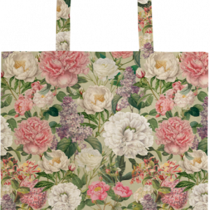 La bolsa algodón peonías es un bolso de mano con un estampado floral de peonías rosas, blancas y moradas más hojas verdes sobre fondo beige.