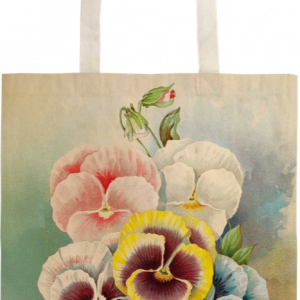 Un bolso de mano beige con una colorida ilustración de flores de pensamiento en tonos rosa, blanco, amarillo, azul y morado con hojas verdes.