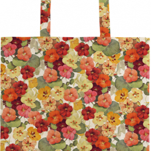 Bolsa de tela con asas, cubierta de un colorido estampado floral de flores rojas, naranjas, amarillas y rosas con hojas verdes.