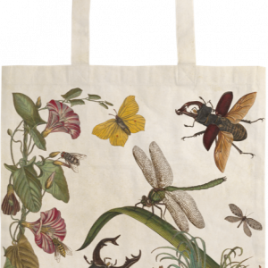 Bolsa de tela con ilustraciones detalladas de varios insectos, como escarabajos, mariposas y una libélula, junto a plantas y flores.