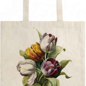 La BOLSA ALGODÓN TULIPANES es un bolso de mano beige con una ilustración de cuatro tulipanes -amarillo, blanco y granate- con hojas verdes.