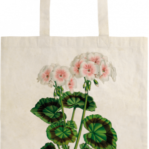 BOLSA ALGODÓN GERANIO: Bolso tote de algodón beige con una ilustración botánica de flores de pelargonio rosas y blancas y hojas verdes.