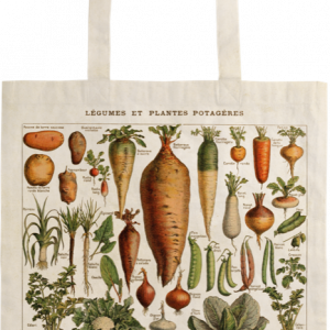 Bolsa de lona con ilustraciones botánicas de época de diversas hortalizas y plantas de jardín con etiquetas francesas.