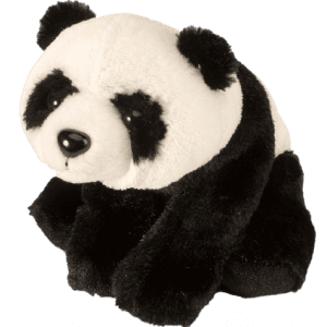 Un oso panda de peluche en blanco y negro sobre un fondo claro.