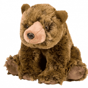 Oso de felpa marrón con ojos oscuros y hocico marrón más claro, sentado en posición vertical sobre un fondo liso.