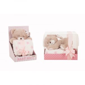 Dos lotes de regalo con un osito de peluche y una manta con estampado de estrellas rosas y blancas, presentados en cajas rosas con lazos y el texto "Baby Gift".