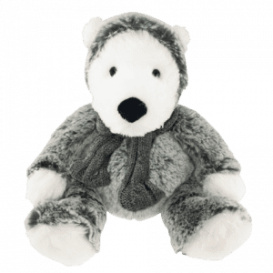 Oso polar de 25 cm con sudadera gris, sentado erguido sobre un fondo blanco.