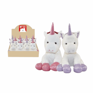 Dos unicornios de felpa con pezuñas y cuernos brillantes sentados uno junto al otro; al fondo, una caja expositora con más unicornios.