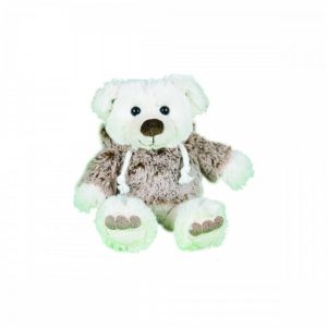 Peluche de oso polar de 23 cm con capucha marrón, pelo blanco, ojos oscuros, nariz marrón, detalles en las patas y sentado en posición vertical sobre fondo blanco.