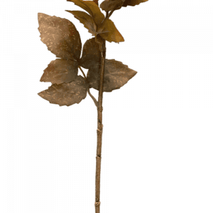 Sobre fondo blanco se muestra una única flor artificial, "dalia marrón 60 cm", con hojas y tallo de color dorado.